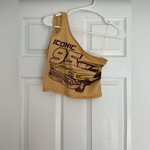Tan One-Shoulder 95 Iconic Car Graphic Crop Top Size Large